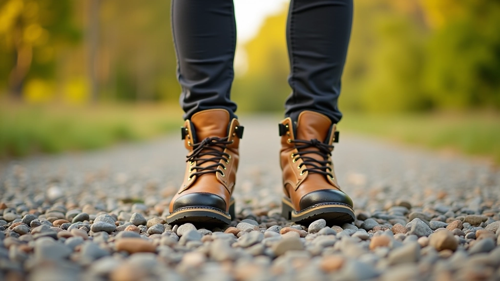 Close-up of hiking boots and comfortable walking shoes on gravel path next to natural outdoor setting