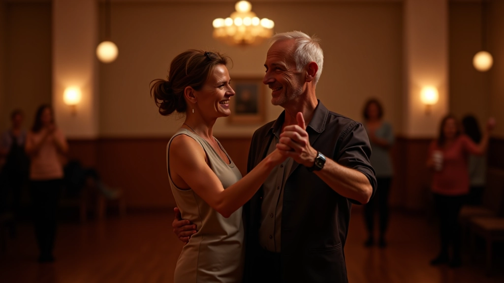 Two middle-aged dancers in formal attire performing a kizomba move together, showing good connection and technique