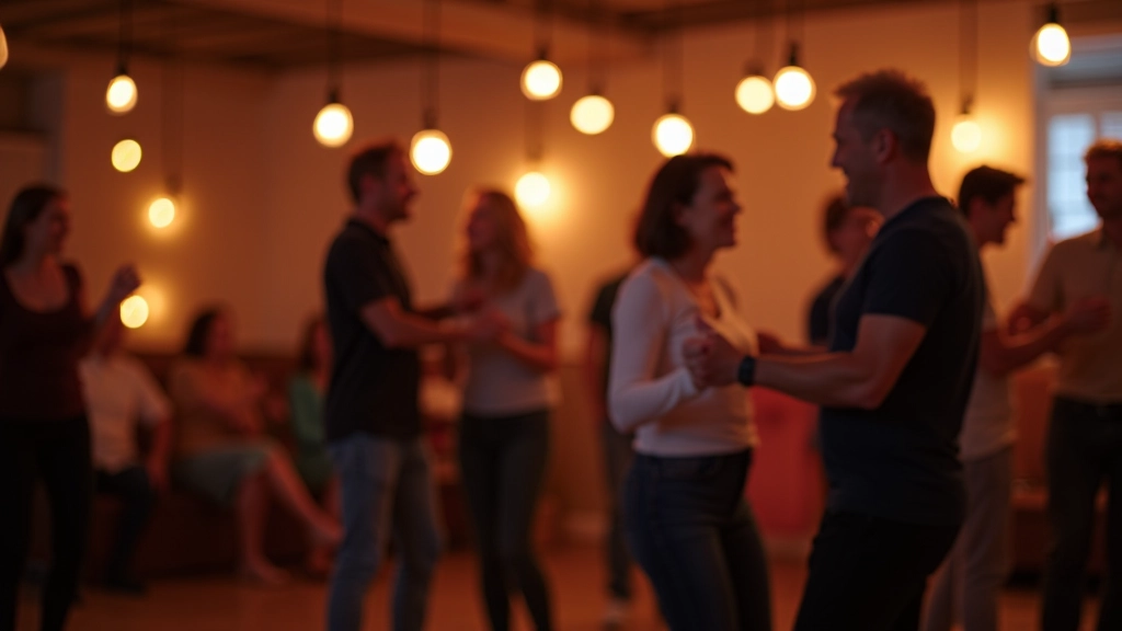 Dancers in a welcoming social setting with warm lighting, encouraging atmosphere for beginners