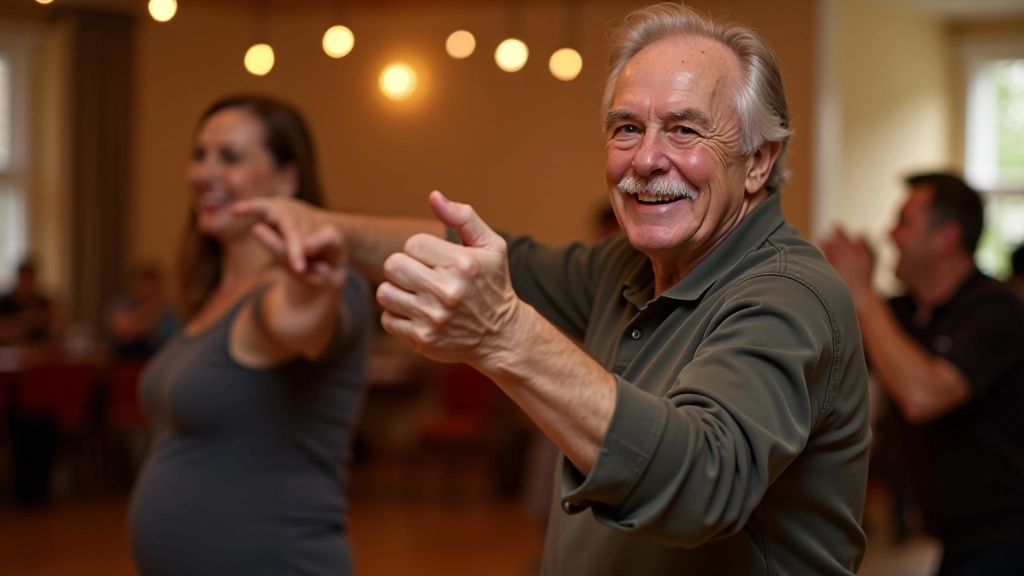 Dancers of various ages enjoying a social dance gathering in a community hall in Liepāja, smiling and engaged