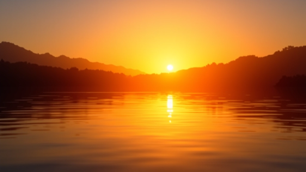 Sunset landscape over water with warm golden and orange colors reflecting off calm lake surface