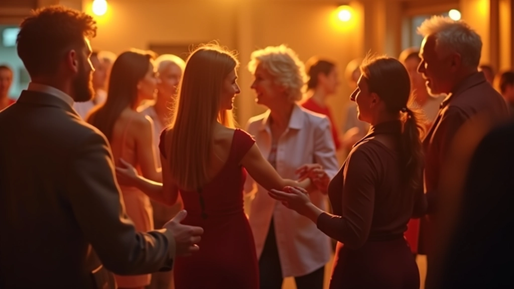 Group of mature dancers enjoying a social dance evening with warm lighting and positive energy