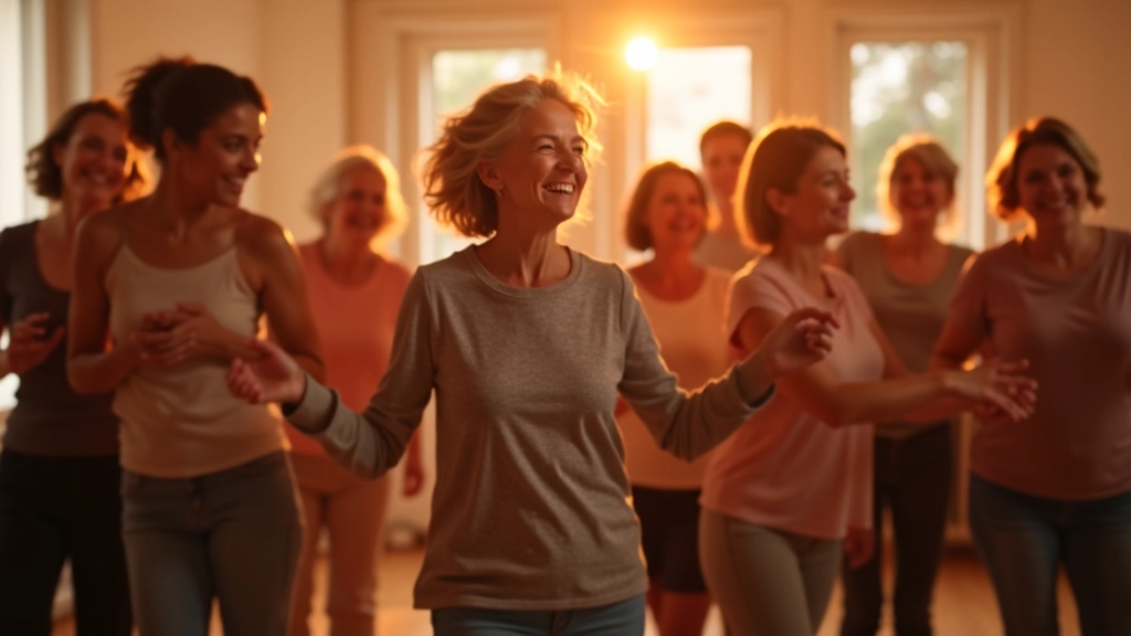 Diverse group of adults dancing together in a welcoming dance studio environment