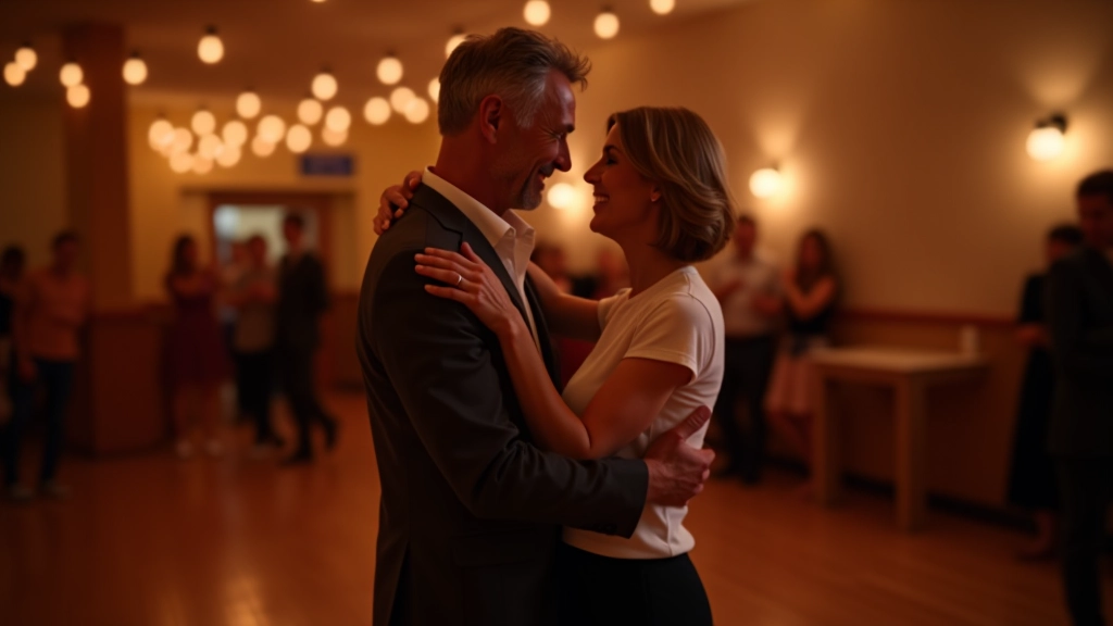 Mature couple dancing together at a social dance event with warm ambient lighting and wooden dance floor
