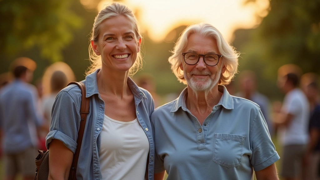 Outdoor group of people aged 45-65 standing and socializing in casual clothing during evening time in natural light