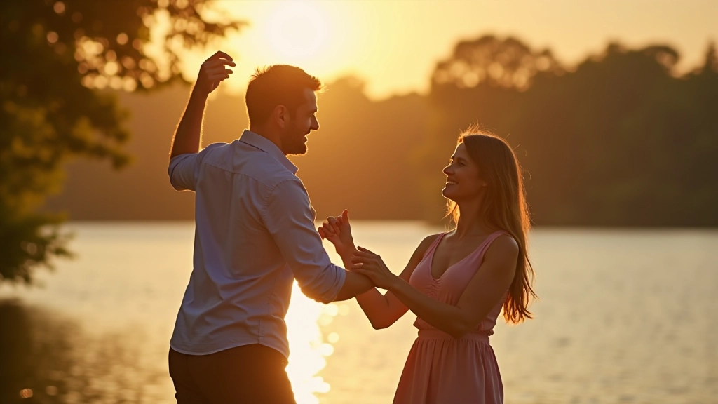 Group of people dancing salsa outdoors by a lake with trees and sunset in background