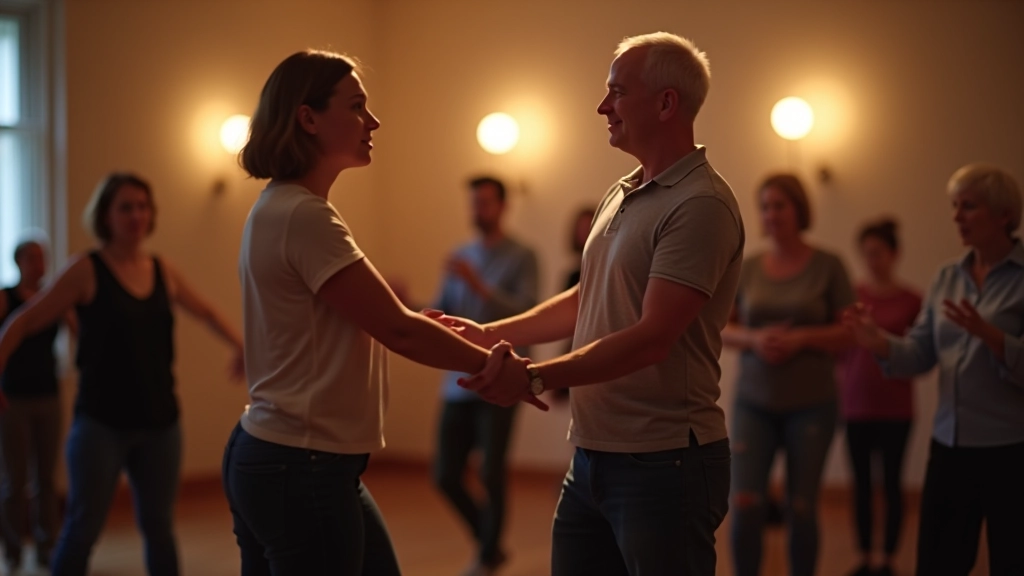 Community of dancers gathered in a circle during a social dance event in Courland region