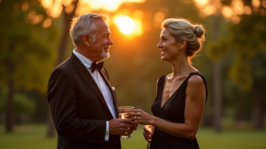 Two dancers in evening wear chatting and smiling in a park setting during golden hour with relaxed friendly body language