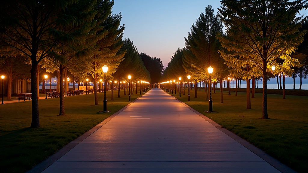 Evening view of Ventspils Seaside Park with trees and pathways illuminated by soft lighting, suitable venue backdrop