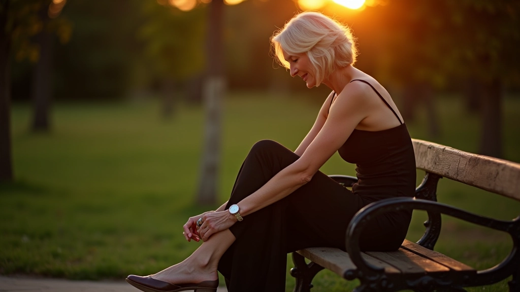 Woman adjusting her shoes and outfit while preparing for an evening dance event in a park setting