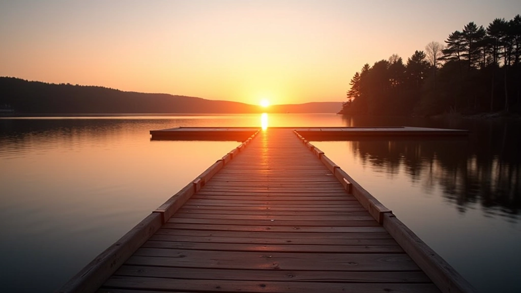 Wooden pier extending into calm lake water at dusk with trees silhouetted against golden sunset sky